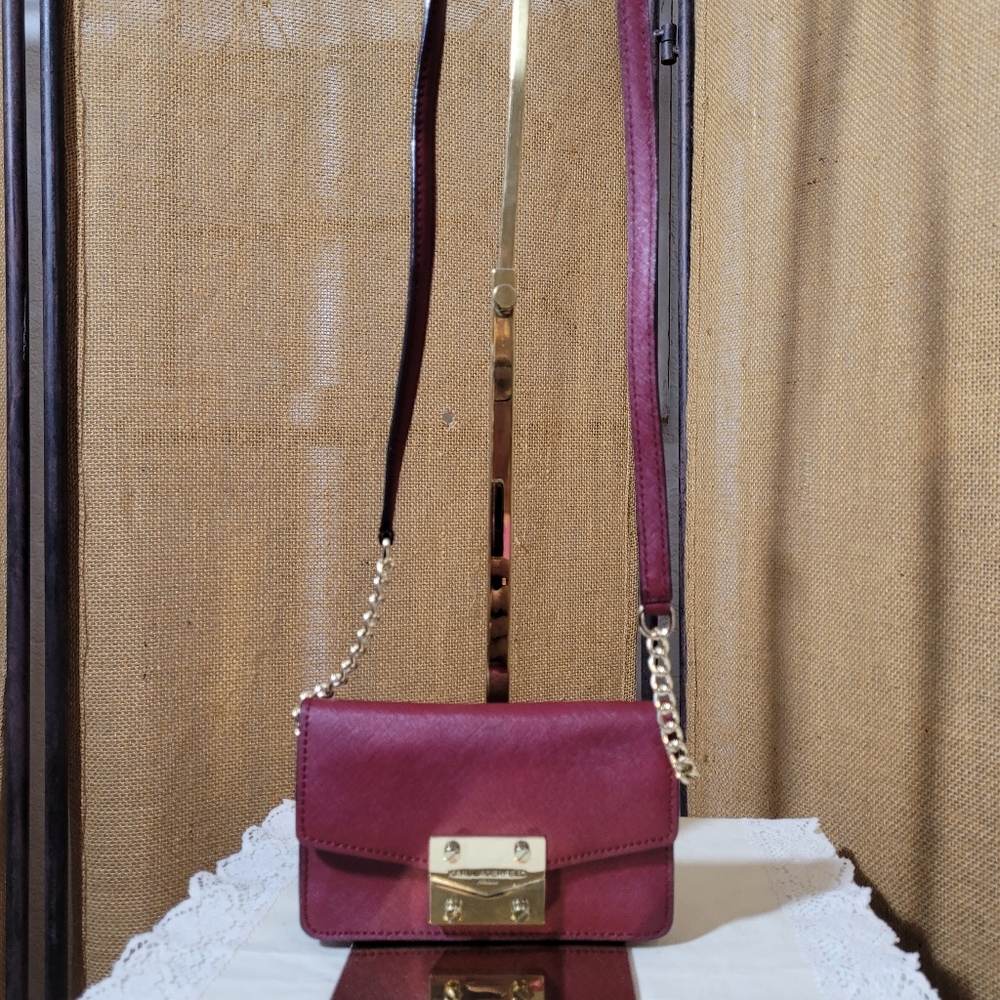 Karl Lagerfeld Luxury Burgundy Leather Crossbody Bag with Gold Strap